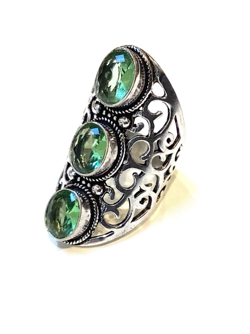 Large Sterling Silver and Prehnite Ring, Gothic Statement Ring, Green Stone 8